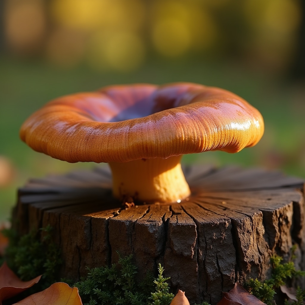 Hongo Ganoderma lucidum con superficie lacada marrón rojiza sobre tronco