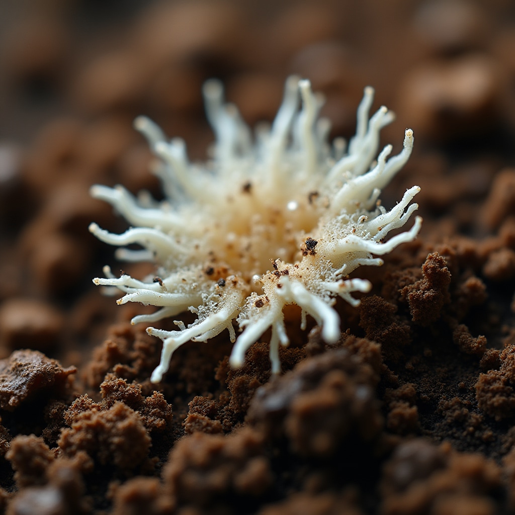 Micelio blanco creciendo entre partículas de suelo oscuro