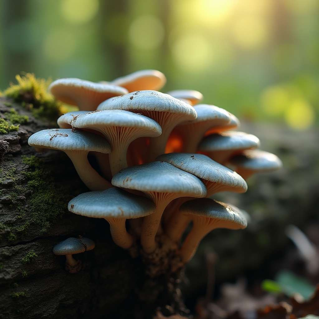 Racimo de setas Pleurotus ostreatus sobre tronco en entorno natural