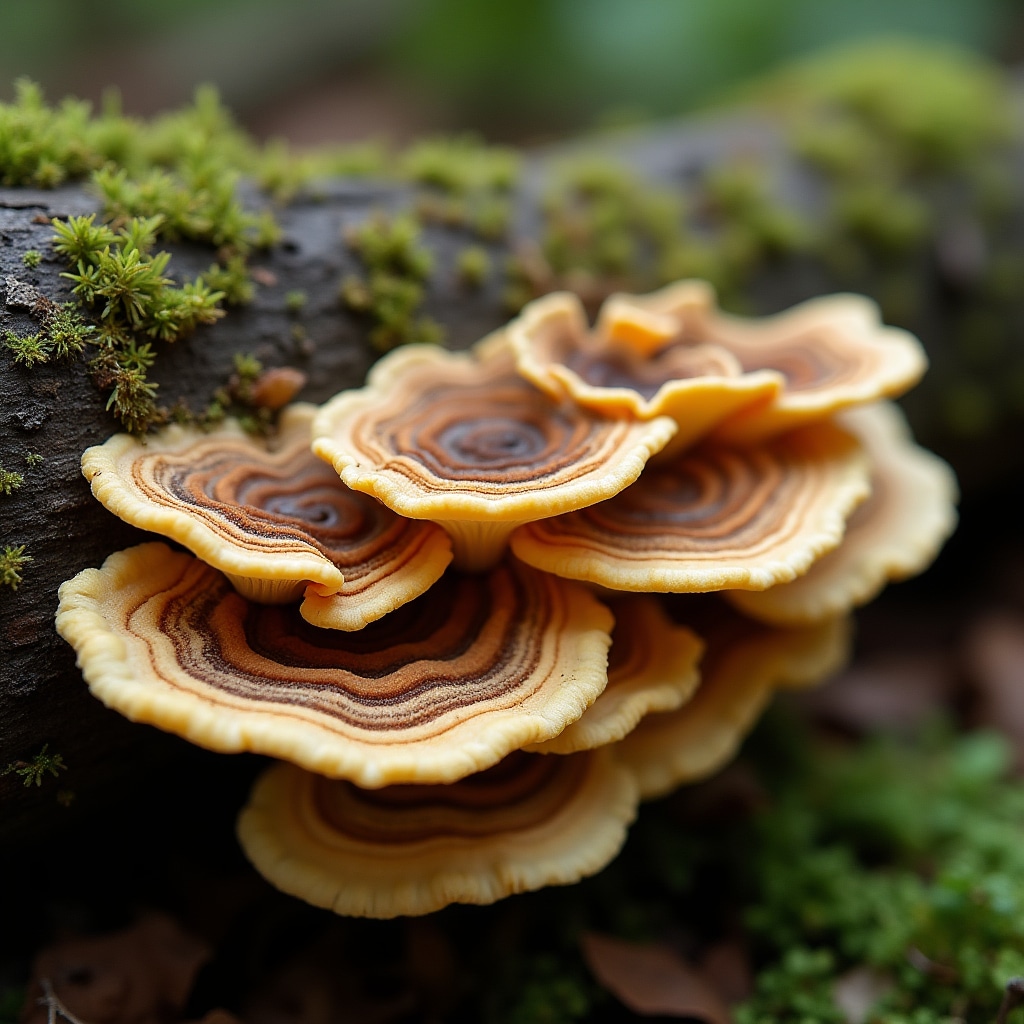 Trametes versicolor creciendo en capas sobre corteza de árbol con bandas multicolores